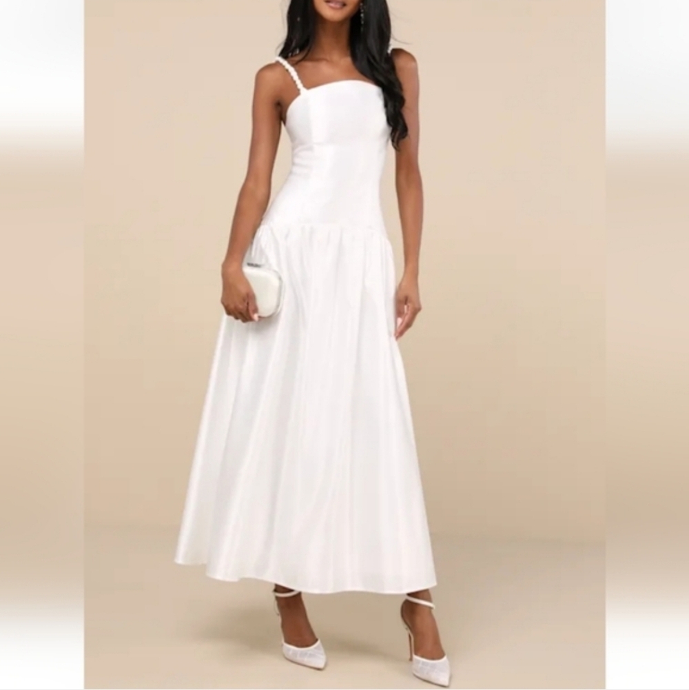 Lulus NWT Modern Adoration White Satin Backless Lace- Up Maxi Dress Size L